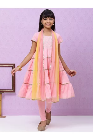 Biba Girls Pink & Silver Yoke Design Tiered Cotton Kurta with Churidar & Dupatta