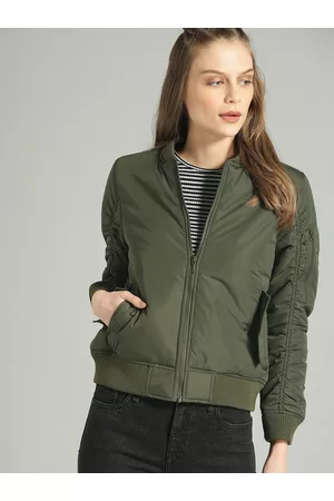 Roadster The Lifestyle Co Women Olive Green Solid Bomber Jacket
