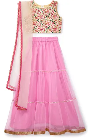 HERE&NOW Girls Pink & Beige Printed Ready to Wear Lehenga & Blouse With Dupatta