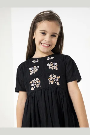 Cherry Crumble Girls Black Floral Embroidered Fit And Flare Dress