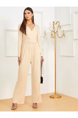 Styli Beige Long Sleeves Front Pleating Detail Wide Leg Jumpsuit