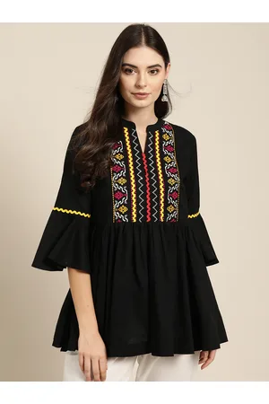 Sangria Women Black & Yellow Pure Cotton Embroidered Yoke Design A-Line Top