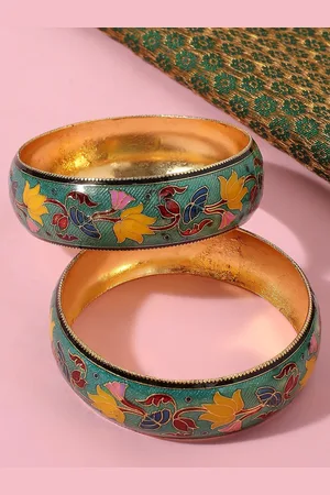 OOMPH Set of 2 Mint Green & Yellow Meenakari Lotus Bangle Set