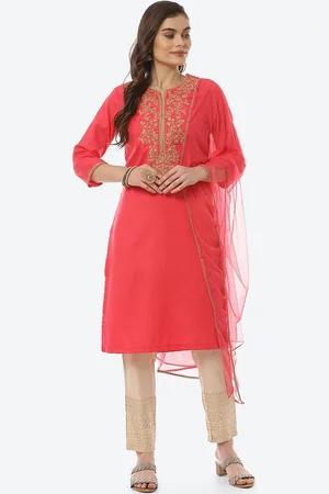 Biba Women Fuchsia Ethnic Motifs Yoke Design Pure Cotton Kurta with Trousers & With Dupatta
