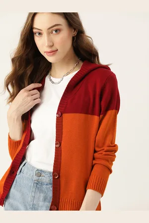 DressBerry Women Red & Orange Colourblocked Hooded Cardigan
