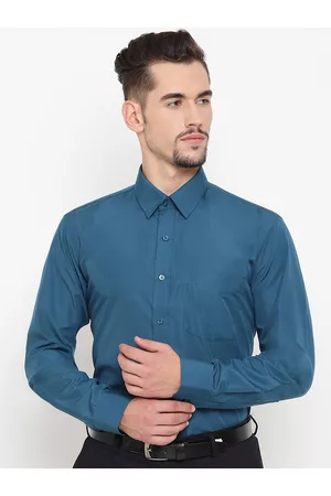 English Navy Men Teal Blue Slim Fit Solid Formal Shirt