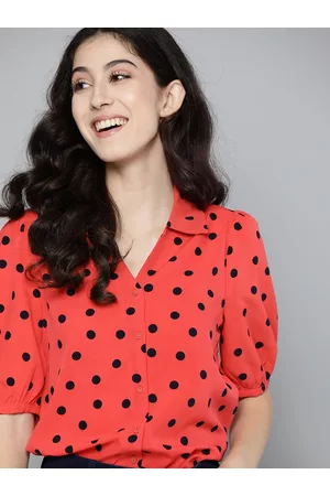 Mast & Harbour Coral Red & Black Polka Dots Print Shirt Style Top