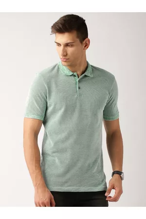 Ether Men Green White Self Design Slim Fit Polo Collar Pure Cotton T-shirt