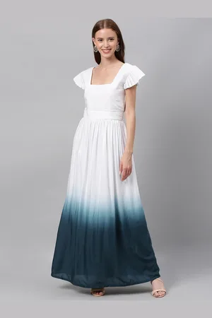 Ethnovog Women White Blue Dyed Maxi Made To Measure Dress