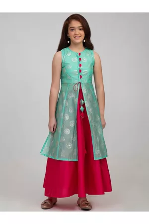 Bhama Girls Sea Green & Pink Printed Foil Print Ready to Wear Lehenga Choli