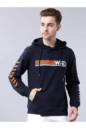 LocoMotive Men Navy Blue & Orange Printed Hooded Sweatshirt