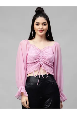 ATHENA Lavender Bell Sleeves Smocking Crop Georgette Top