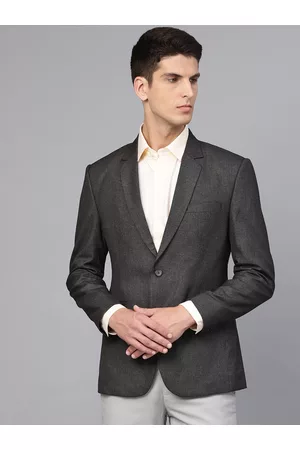 MANQ Men Charcoal Grey Slim Fit Solid Single Breasted Formal Blazer
