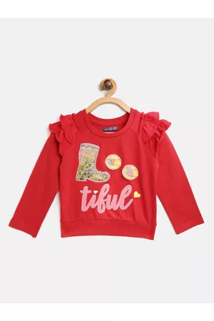 Nauti Nati Girls Red & Pink Cotton Applique & Embroidered Sweatshirt