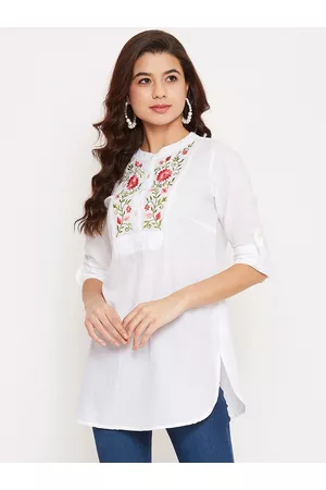 Ruhaans Women White & Pink Embroidered Tunic