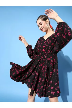 KASSUALLY Women Stylish Black Floral Swirling Volume Dress