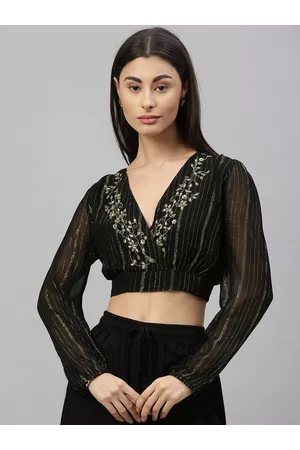 Ishin Women Black Embellished Cinched Waist Crop Top