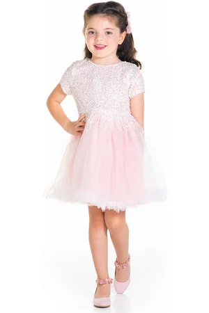Cherry Crumble Girls Pink & White Net Sequinned Fit & Flare Dress with Alligator Hairclip