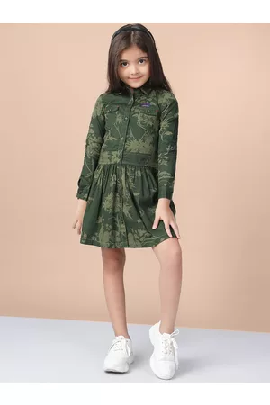 naughty ninos Girls Olive Green Floral Printed Shirt Dress