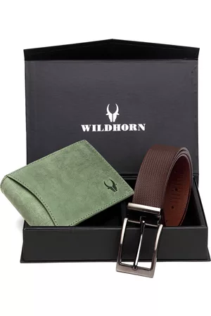 WildHorn Men Green & Brown RFID Protected Genuine Leather Accessory Gift Set