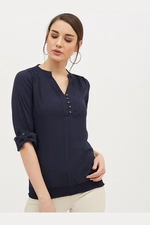 Harpa Women Navy Blue Solid Shirt Style Top