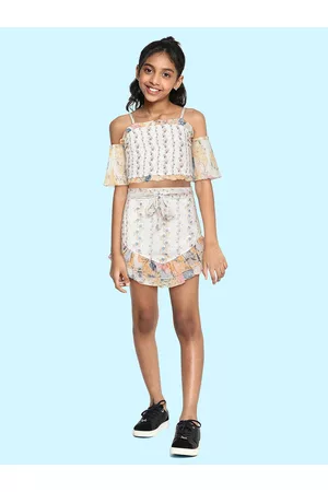 AND Girls White & Orange Floral Print Cold-Shoulder Sleeves Smocking Top with Skirt