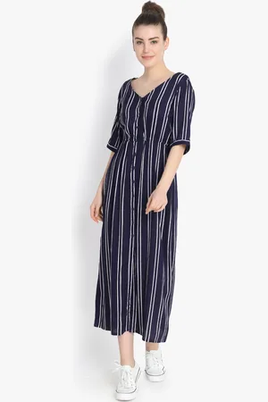 Color Cocktail Women Navy Blue Striped Fit and Flare Dress