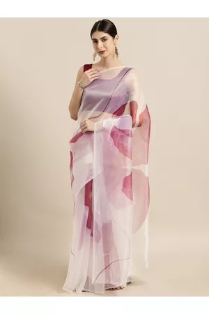 Tikhi Imli White & Pink Organza Printed Saree