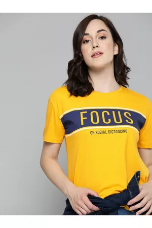 HARVARD Women Yellow & Navy Blue Printed Round Neck T-shirt