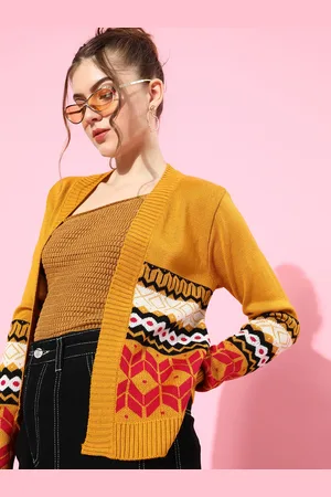 DressBerry Woman Stylish Mustard Geometric Fair Isle Sweater