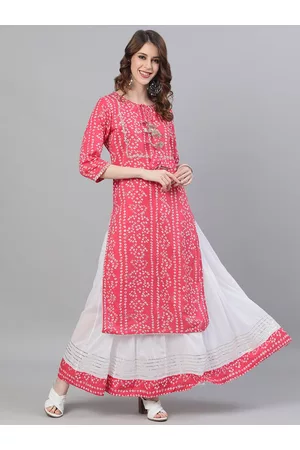Ishin Women Pink & White Bandhani Print Kurta with Skirt