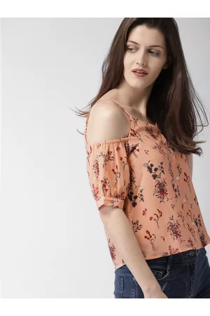 Mast & Harbour Peach-Coloured Floral Cold-Shoulder Shirt Style Top