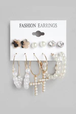 Jewels Galaxy Set of 6 White & Gold-Toned Classic Stud & Hoop Earrings