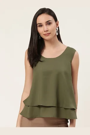 DODO & MOA Women Olive Green Solid Layered A-Line Top