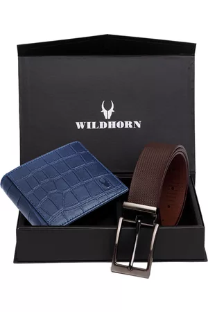 WildHorn Men Blue & Brown Textured RFID Protected Genuine Leather Wallet & Belt Accessory Gift Set
