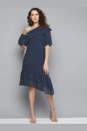 marie claire Women Navy Blue Self Design One Shoulder Midi A-Line Dress