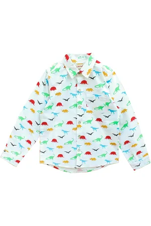 My Little Lambs Boys White & Green Regular Fit Printed Casual Shirt