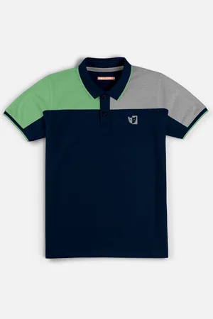 HELLCAT Boys Navy Blue & Green Colourblocked Polo Collar Bio Finish T-shirt