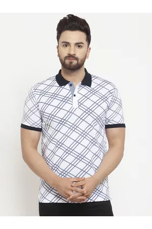 WILD WEST Men White & Black Checked Polo Collar T-shirt