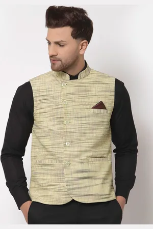 KLOTTHE Men Yellow & Black Woven Design Cotton Nehru Jacket