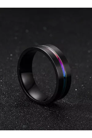 Yellow Chimes Men Black Classic Grooved Centre Band Ring