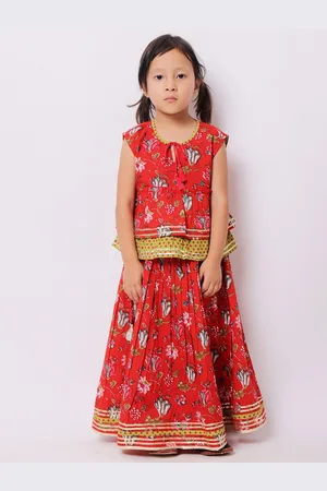 My Little Lambs Girls Red & Green Printed Block Print Ready to Wear Lehenga &