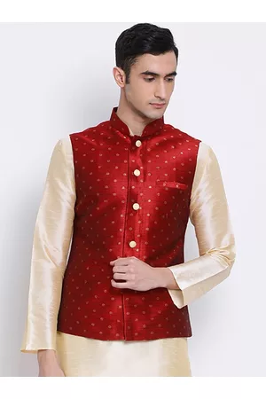 Sanwara Men Maroon Woven Design Nehru Jacket
