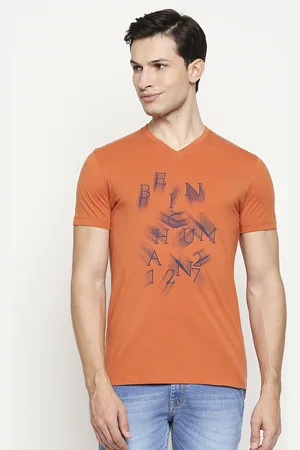 Being Human Men Rust Orange & Blue Brand Logo Printed V-Neck Pure Cotton T-shirt