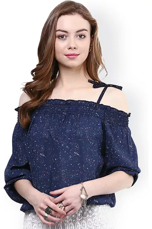 Rare Fashion Blue Printed Off-Shoulder Blouson Top