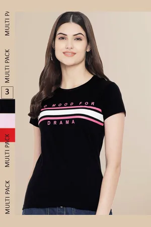 Fabflee Women Black & Pink Pack of 3 Graphic Printed Cotton T-shirt