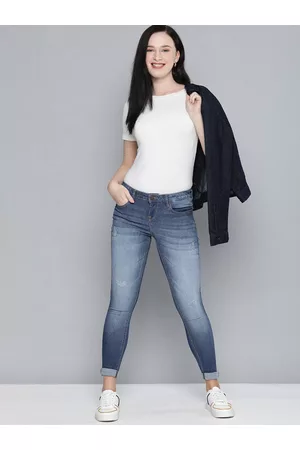 HERE&NOW Women Blue Skinny Fit Low Distress Heavy Fade Stretchable Jeans