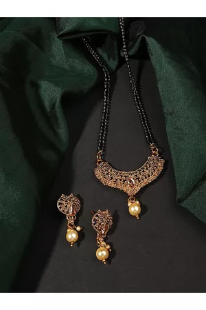 ANIKAS CREATION Woman Gold-Plated Black Beaded Mangalsutra With Earrings