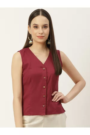 Molcha Women Maroon Non Padded Halter Neck Cotton Long Saree Blouse