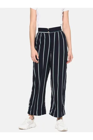 Campus Women Navy Blue & White Relaxed Loose Fit Striped Parallel Trousers